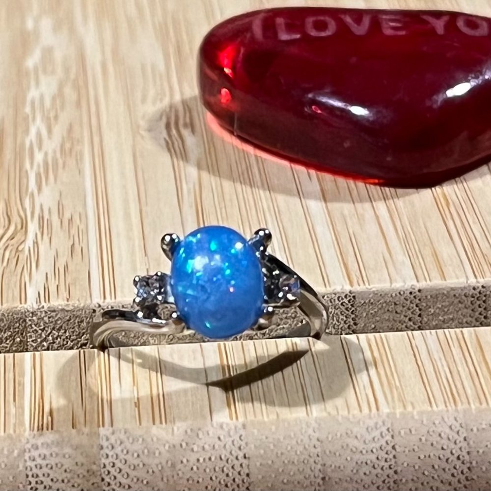 Size 7 Blue opal/silver/diamond ring